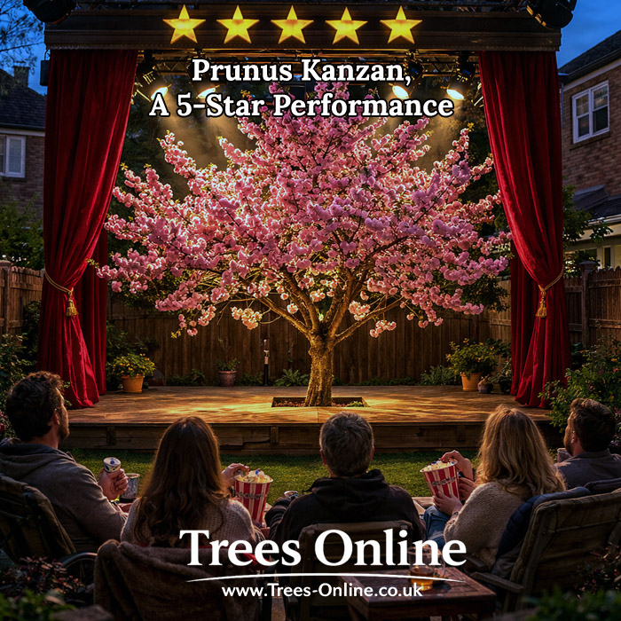 Prunus Kanzan cherry tree on garden stage in full blossom